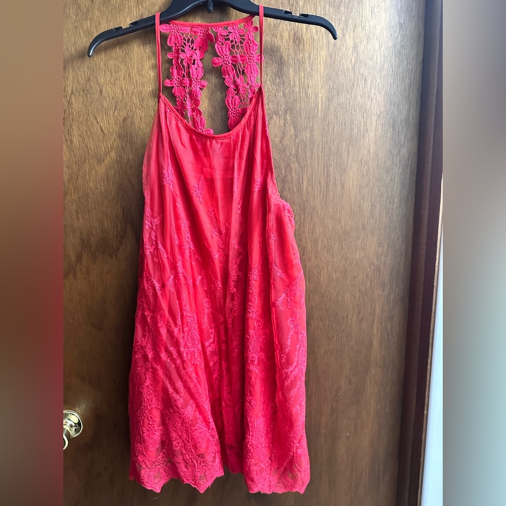 Red lace dress.